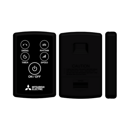 Black remote control  for the Mitsubishi Electric pedestal fan with Mitsubishi Electric logo on a white background