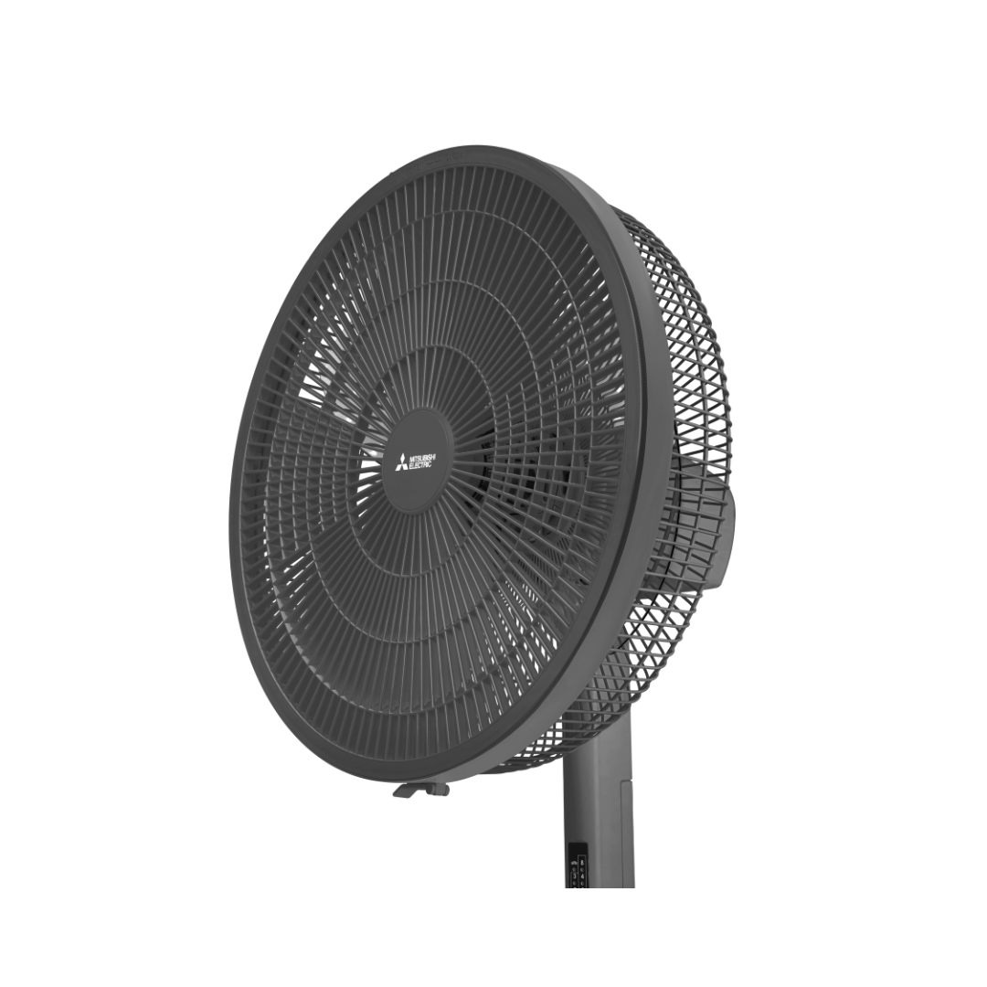 Black Mitsubishi Electric oscillating floor fan on a white background