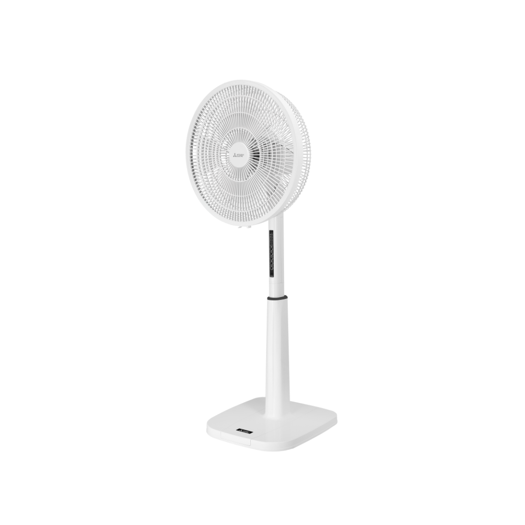 White Mitsubishi Electric Pedestal fan at an angle on a white background. 
