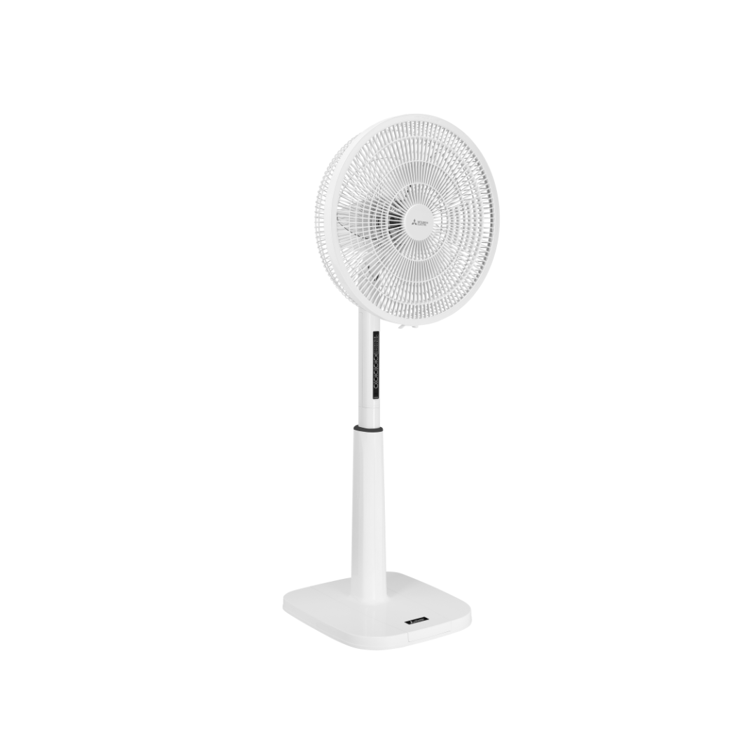 White Mitsubishi Electric pedestal fan  on an angle on a white background. 