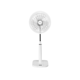 White Mitsubishi Electric Pedestal fan front view on a white background. 
