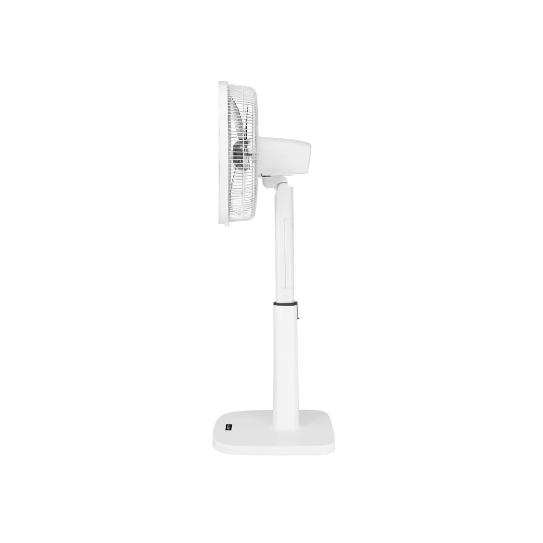 White Mitsubishi Electric pedestal fan side view on a white background. 