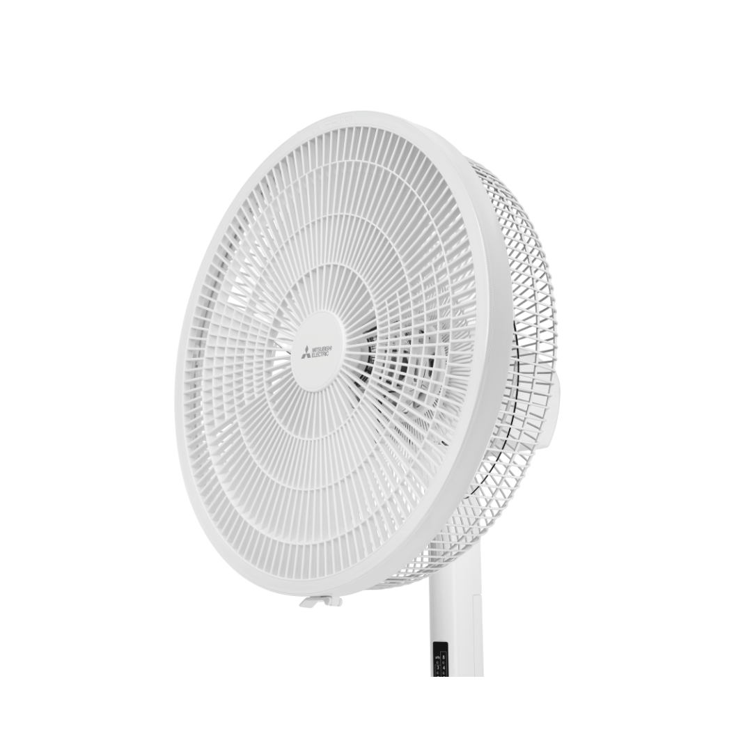 White Mitsubishi Electric pedestal fan on a white background. 
