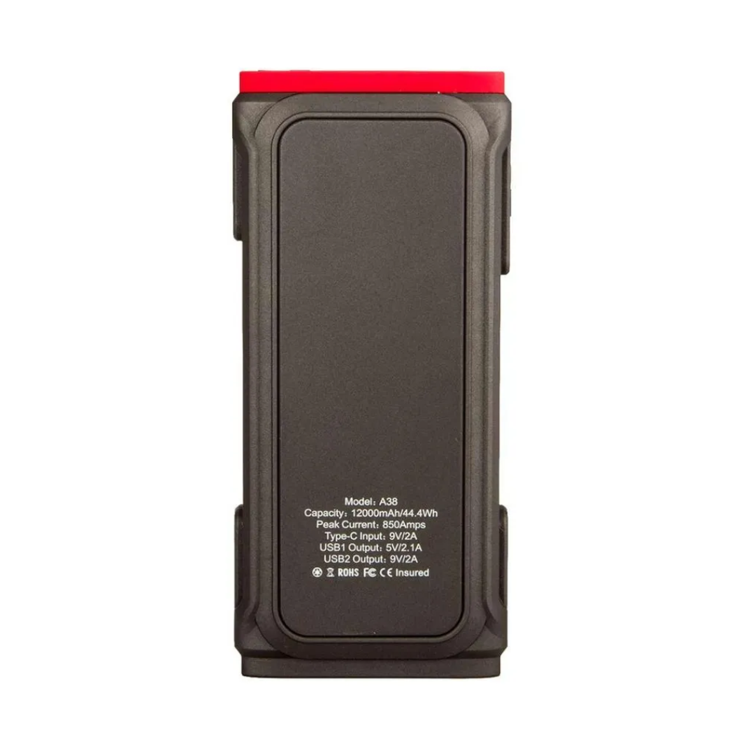 Rear view of the 12000mAh portable jump starter and power bank showing technical specs including peak current, USB outputs and Type-C input. 