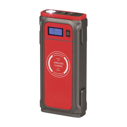 Compact portable jump starter and power bank with wireless charging pad, digital display, LED torch, and dual USB outputs for charging on the go.