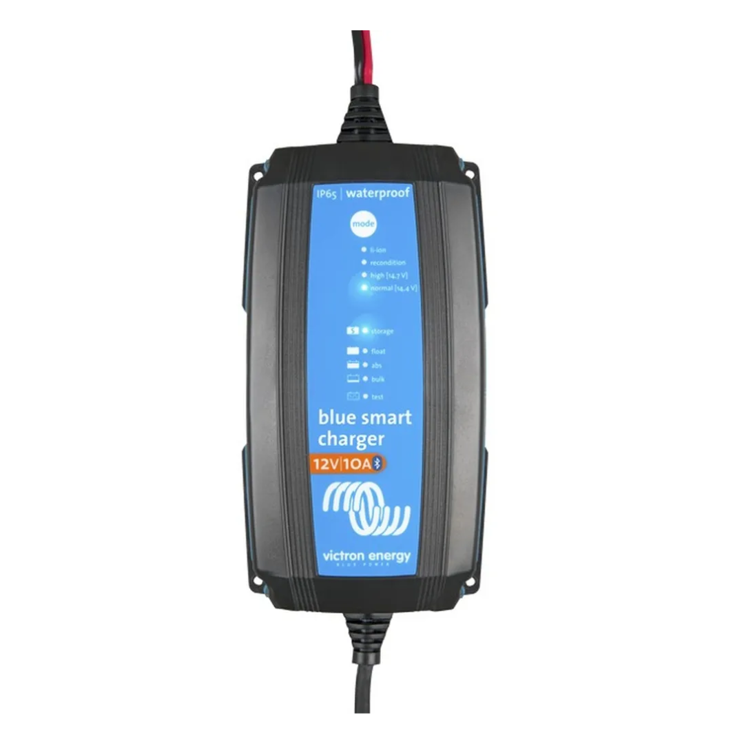 Victorian Professional IP65 Blue Smart 12V 10A waterproof battery charger with LED indicators, advanced charging algorithms, and Bluetooth connectivity for easy monitoring and control. 
