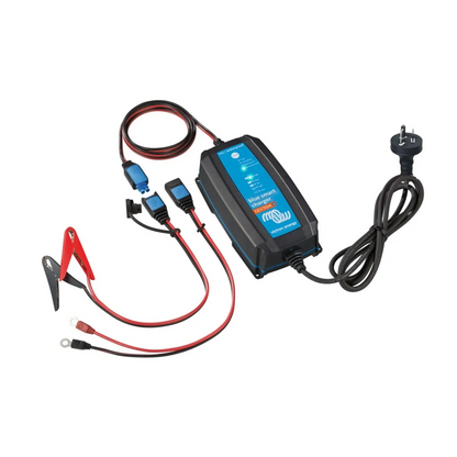 Victorian Professional IP65 Blue Smart battery charger with multiple connection leads, including alligator clips and ring terminals, ideal for 12V battery maintenance and smart charging.
