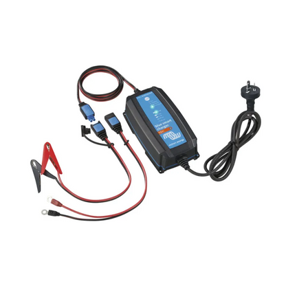 Victorian Professional IP65 blue smart battery charger with multiple connection leads, including alligator clips and ring terminals, ideal for 12 battery maintenance and smart charging. 