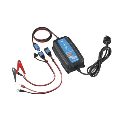 Victorian Professional IP65 blue smart battery charger with multiple connection leads, including alligator clips and ring terminals, ideal for 12V battery maintenance and smart charging. 