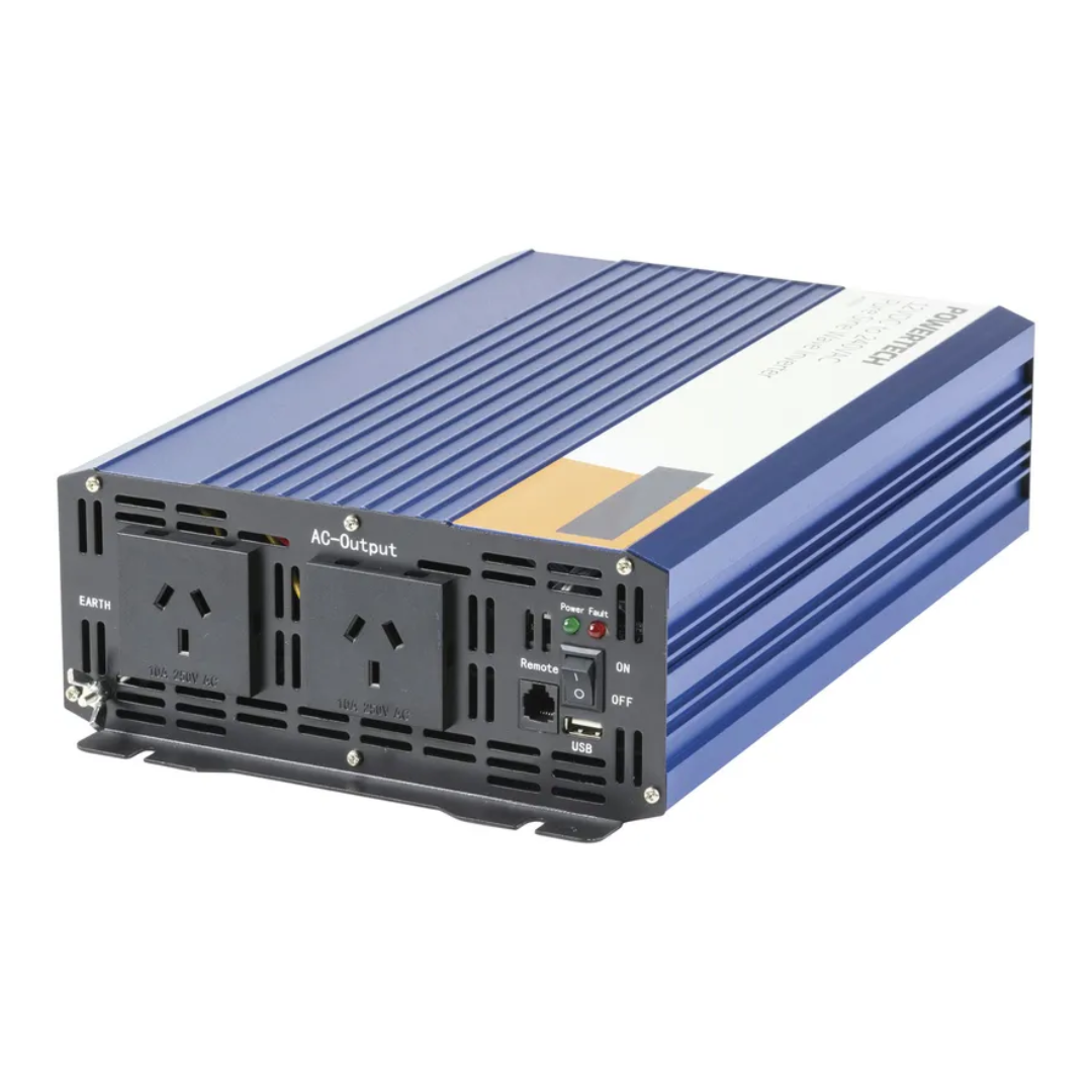 Rear view of Powertech pure sine wave inverter showing dual AC output sockets, USB port, remote input, power status indicators, and main power switch for off-grid energy use. 