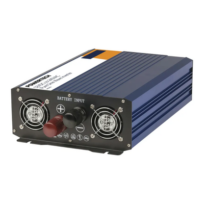 Powertech 12 DC to 240V AC pure sine wave inverter with dual cooling fans and heavy-duty battery input terminals for reliable power conversion in off-grid or back up applications.
