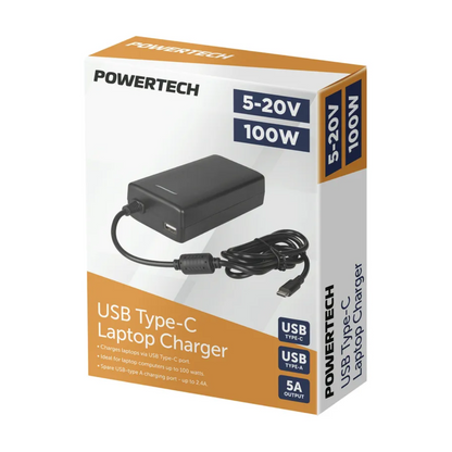 Carton package Powertech USB-C laptop charger with AC power cord and USB-C output cable, compact black design, suitable for fast and reliable charging of compatible laptops and ellectronics.