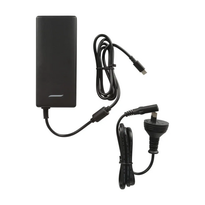 Powertech USB-C laptop charger with AC power cord and USB-C output cable, compact black design, suitable for fast and reliable charging of compatible laptops and ellectronics.