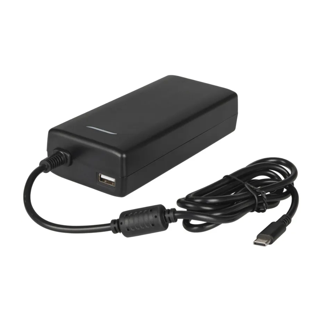 Powertech USBC laptop charger with integrated USB-A port, black rectangular design with power lead, ideal for charging UCB-C compatible laptops and devices efficiently. 