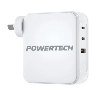Powertech white USB-C wall charger with foldable AU plug, compact and sleek design for fast charging smartphones, tablets, and laptops at home or while travelling.