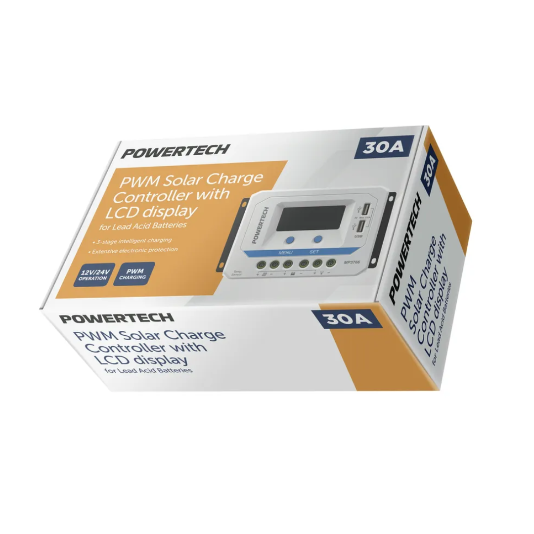 Carton package for Powertech MP3766 solar charge controller with LCD display, dual USB ports, control buttons, and terminal block for solar panel and battery connections.