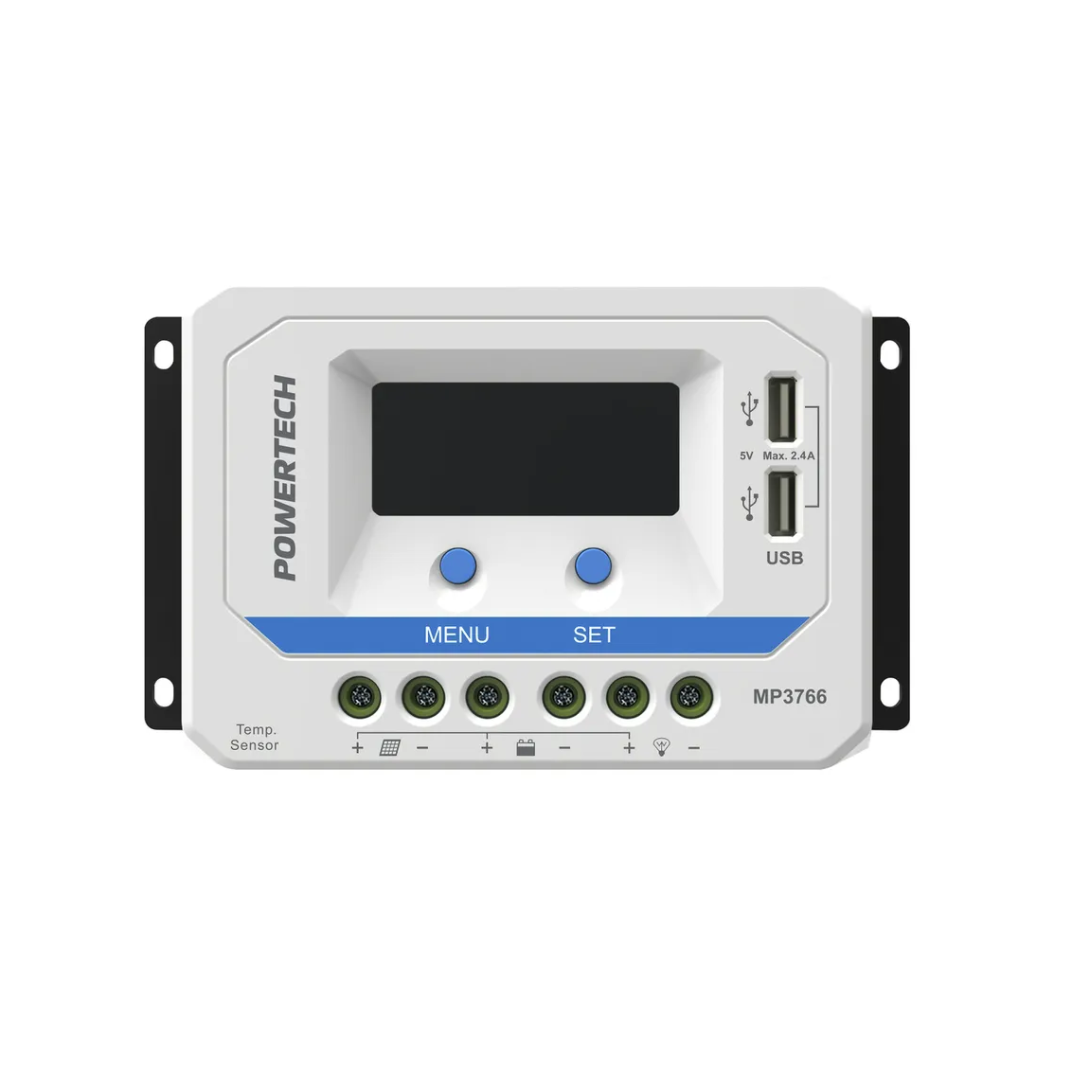 Powertech MP3766 solar charge controller with LCD display, dual USB ports, control buttons, and terminal block for solar panel and battery connections.