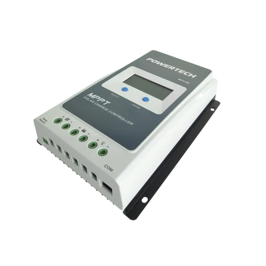 Angle view of the Powertech MP3768 MPPT solar charge controller with LCD screen and terminal connections, designed for efficient solar power regulation and battery charging.