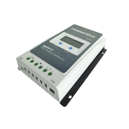 Angle view of the Powertech MP3768 MPPT solar charge controller with LCD screen and terminal connections, designed for efficient solar power regulation and battery charging.