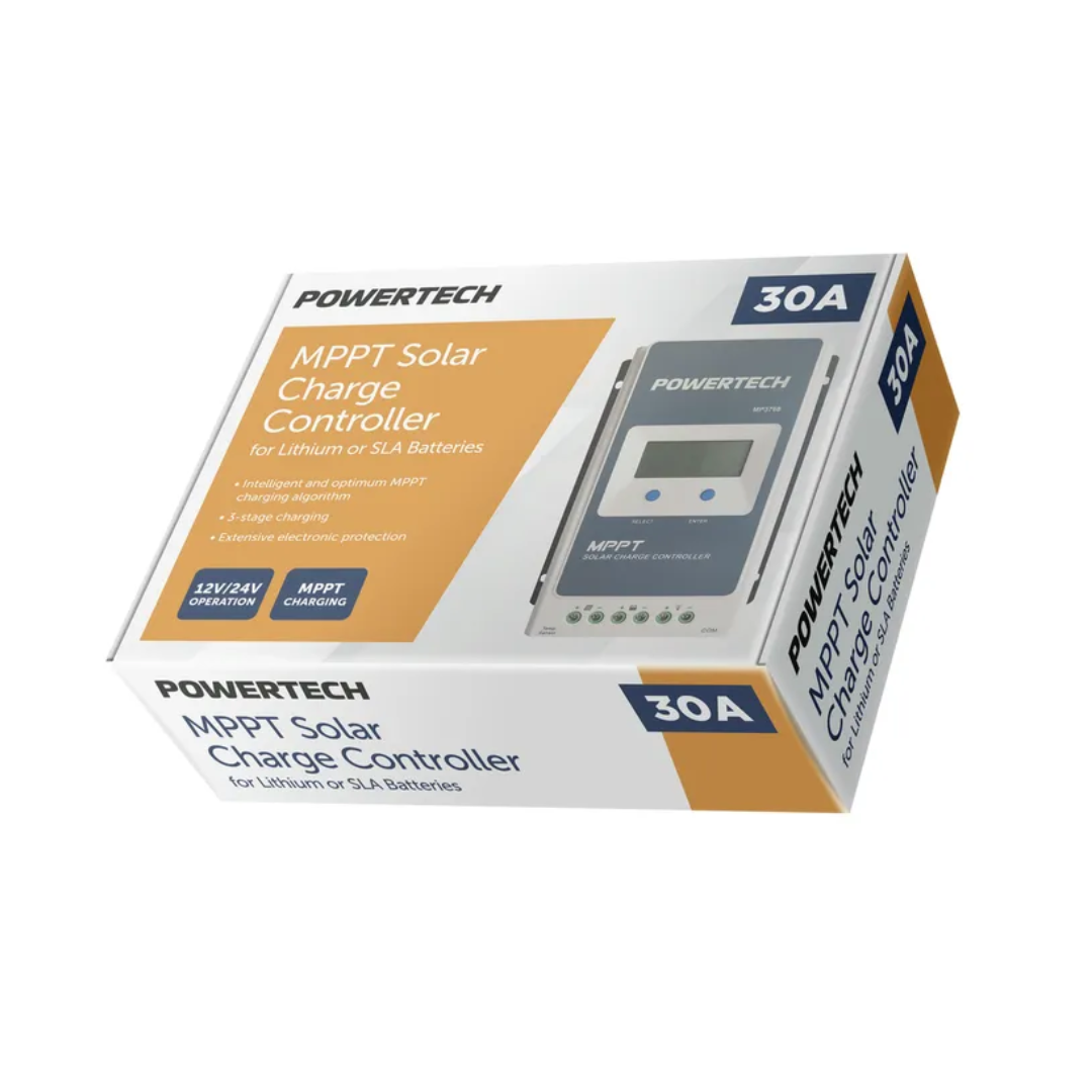 Carton packaging of the Powertech MP3768 MPPT solar charge controller with LCD screen and terminal connections, designed for efficient solar power regulation and battery charging.
