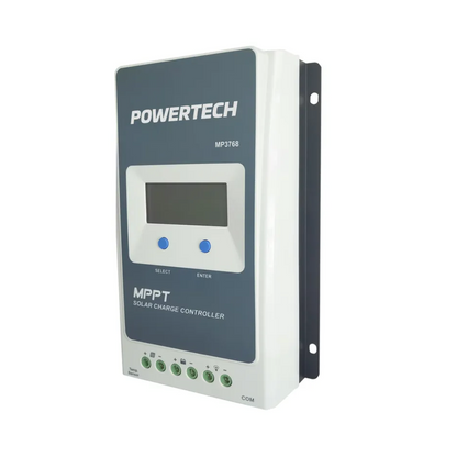 Angle view of the Powertech MP3768 MPPT solar charge controller with LCD screen and terminal connections, designed for efficient solar power regulation and battery charging.