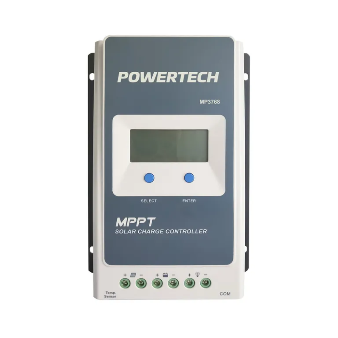 Front view of the Powertech MP3768 MPPT solar charge controller with LCD screen and terminal connections, designed for efficient solar power regulation and battery charging.