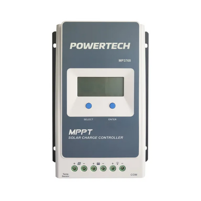 Front view of the Powertech MP3768 MPPT solar charge controller with LCD screen and terminal connections, designed for efficient solar power regulation and battery charging.