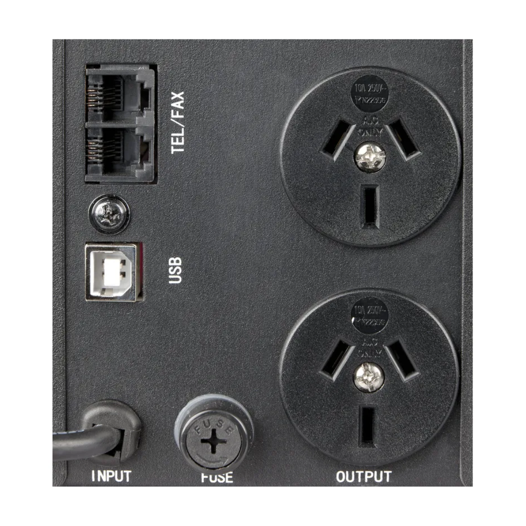 Rear view of UPS showing TEL/FAX ports, USB port, dual output sockets, input cord and fuse - ideal for surge protection and back up power for sensitive electronics.