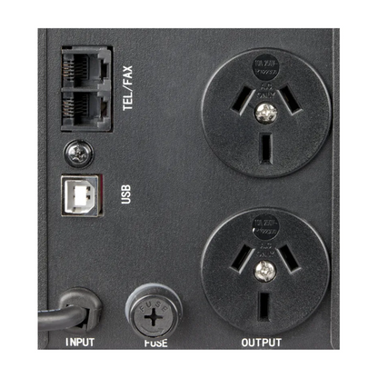 Rear view of UPS showing TEL/FAX ports, USB port, dual output sockets, input cord and fuse - ideal for surge protection and back up power for sensitive electronics.