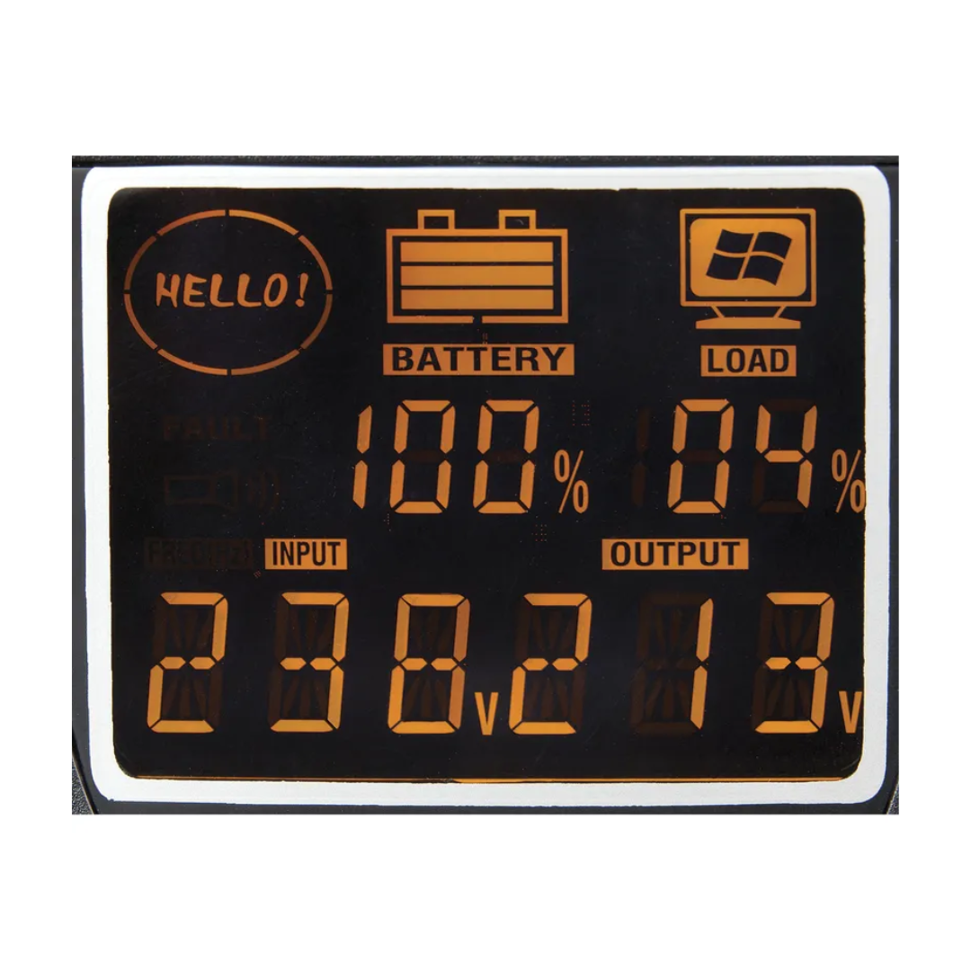 UPS LCD display screen with LED indicators. 