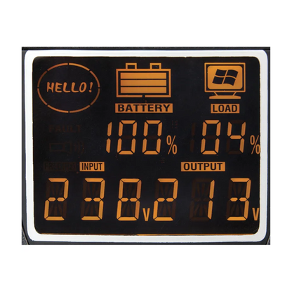 UPS LCD display screen with LED indicators. 