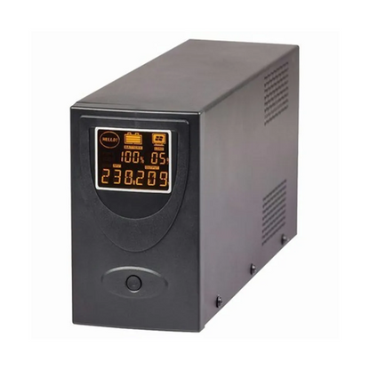 Uninterruptible Power Supply (UPS) with digital LCD display for backup power protection, ideal for computers, servers, and sensitive electronics during power outages.