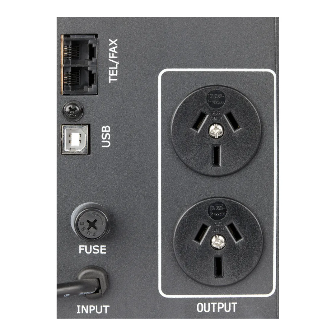 Close-up of UPS rear panel showing Australian power outlets, TEL/FAX ports, USB port, fuse, and input cable connection for efficient power backup and device connectivity. 