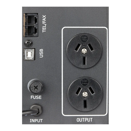 Close-up of UPS rear panel showing Australian power outlets, TEL/FAX ports, USB port, fuse, and input cable connection for efficient power backup and device connectivity. 