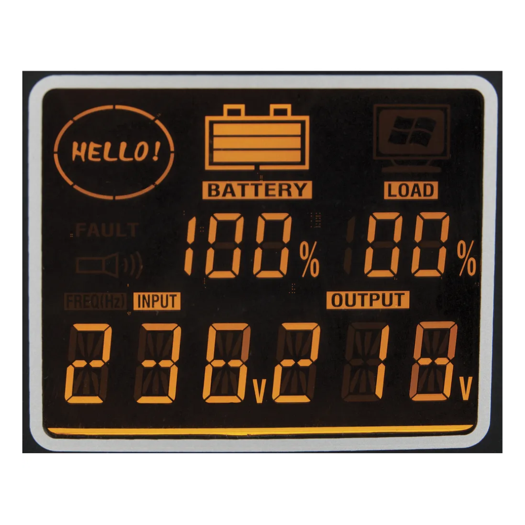 Close up image of an uninterruptible power supply (UPS) digital display screen displaying status indicators. 