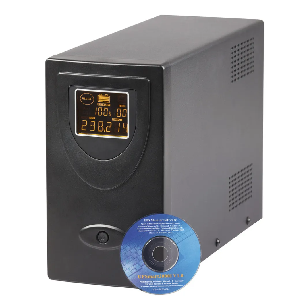 Black uninterruptible power supply (UPS) unit with digital LCD screen displaying status indicators, accompanied by a blue UPSmart2000I V1.0 software installation CD.