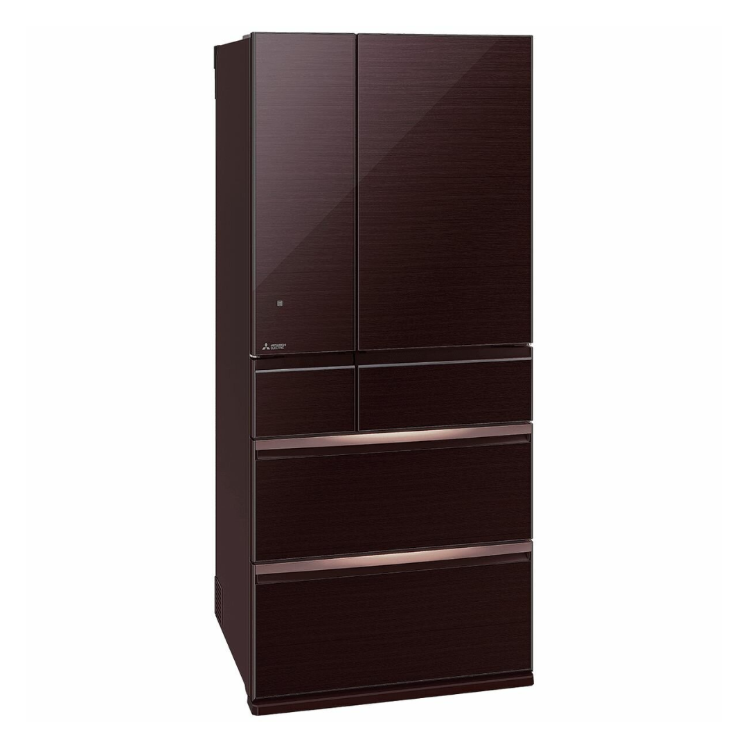 Dark Mahogany Mitsubishi Electric Multi Drawer French door Fridge at an angle on a white background. 