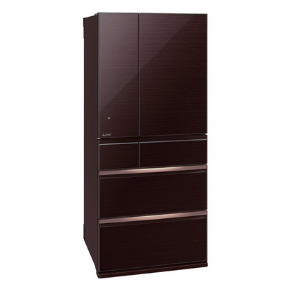 Dark Mahogany Mitsubishi Electric Multi Drawer French door Fridge at an angle on a white background. 