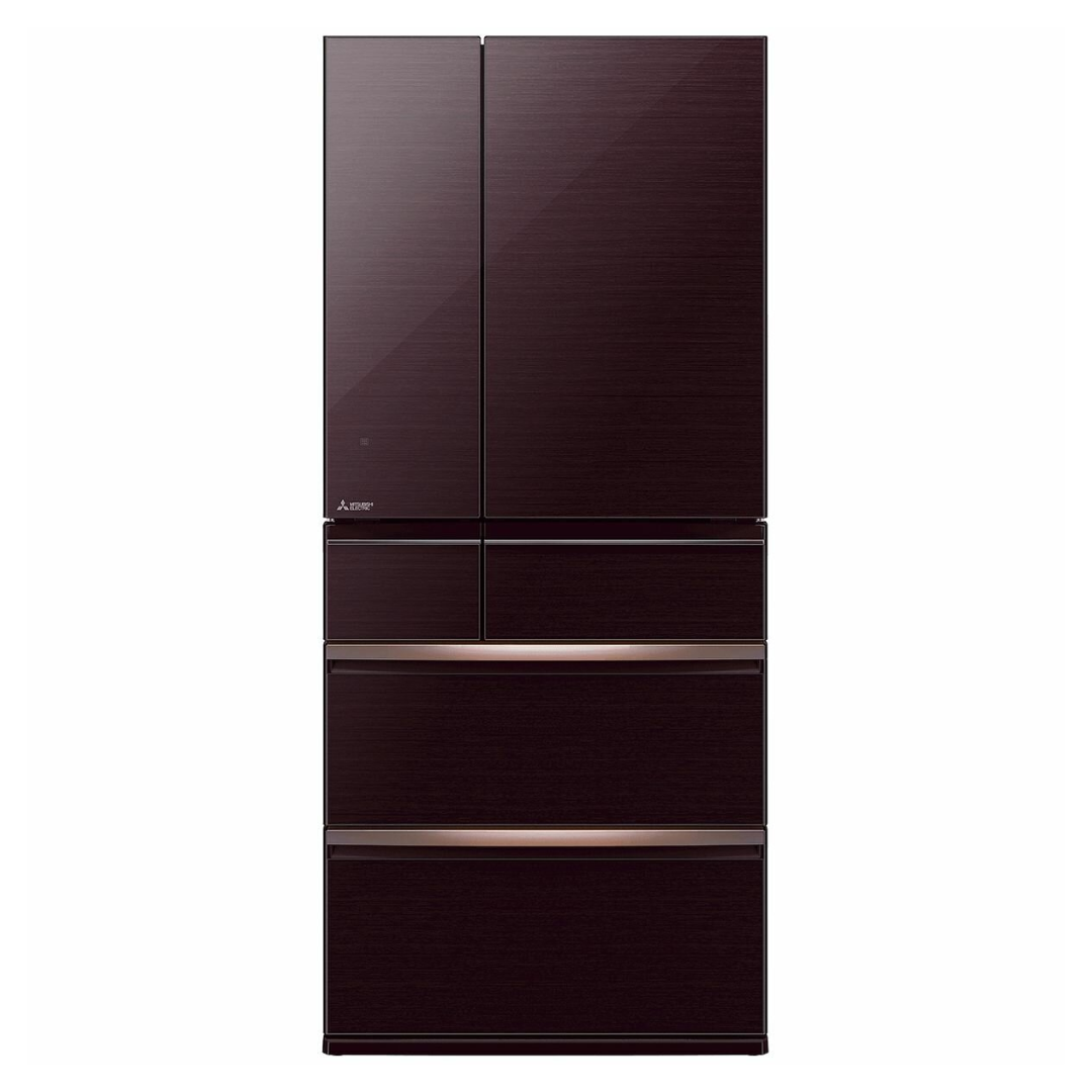 Dark Mahogany Mitsubishi Electric French Door Fridge on a white background. 