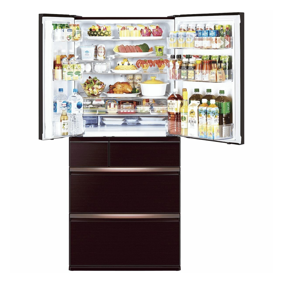 Dark Mahogany Mitsubishi Electric Multi Drawer French Door Fridge with the top doors open on a white background. 