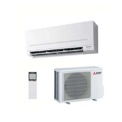 Mitsubishi Electric air conditioning unit with remote control, indoor unit and outdoor unit on a white background