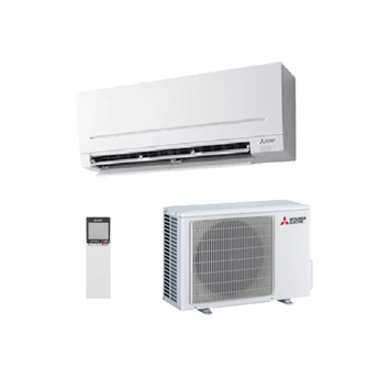 Mitsubishi Electric air conditioning unit with remote control, indoor unit and outdoor unit on a white background