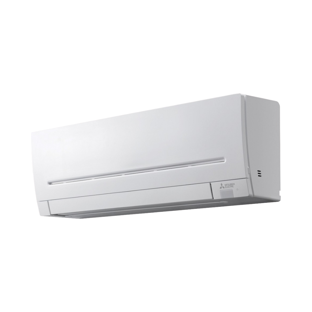 White Mitsubishi Electric indoor air conditioner unit at an angle on a white background