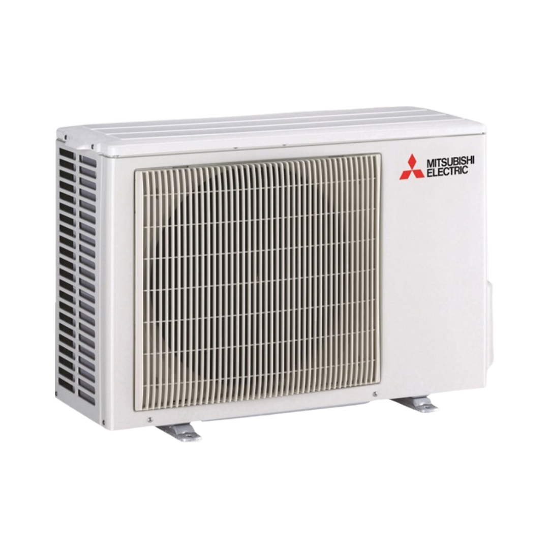 Mitsubishi Electric outdoor air conditioning unit at an angle on a white background