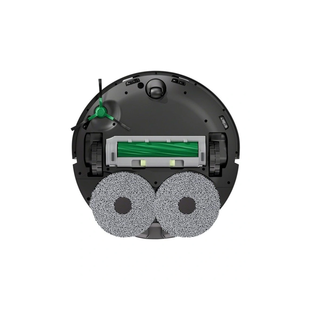 Bottom view of the iRobot Roomba Plus 505 combo with autowash dock, showing the DualClean mop pads, the vacuum brush and the precision brush. 