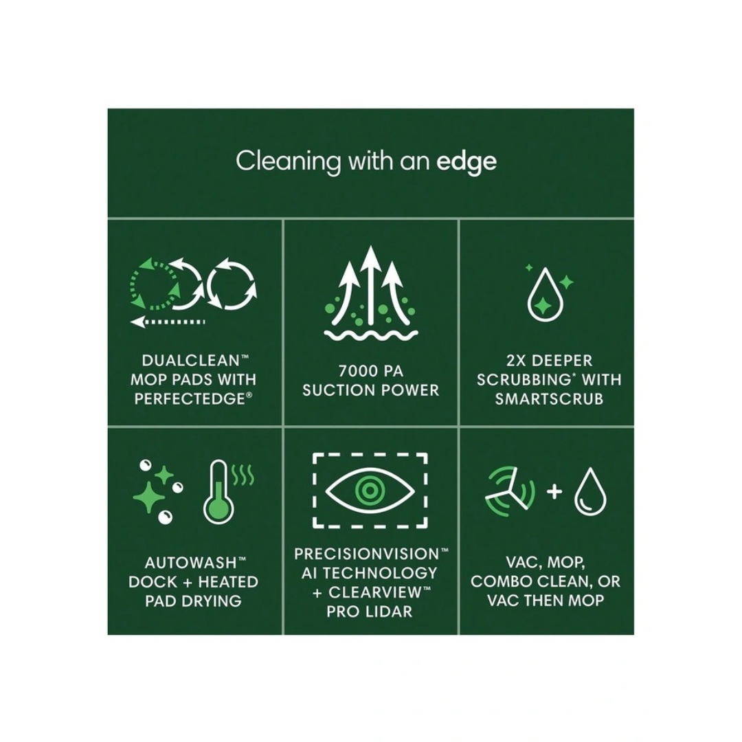 iRobot roomba plus 505 combo with autowash dock features DualClean mop pads, 7000Pa suction, SmartScrub, Autowash dock with heated pad dryeing, PrecisionVision Ai, ClearView Pro LiDAR and multiple cleaning modes. 