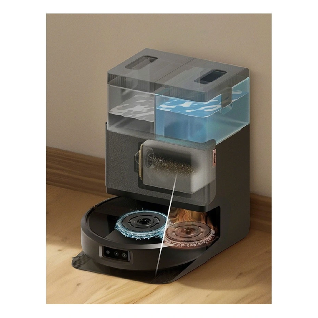 iRobot roomba combo 505 on the autowash dock showing water teank and brush cleaning systems. 