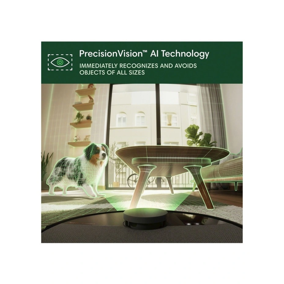 iRobot Roomba plus 505 combo robot + autowash dock, using PrecisionVision AI technology to avoid obstacles like furniture and pets while cleaning.