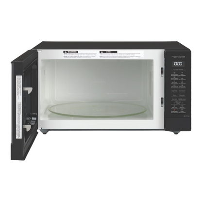Black Panasonic microwave oven with open door on a white background