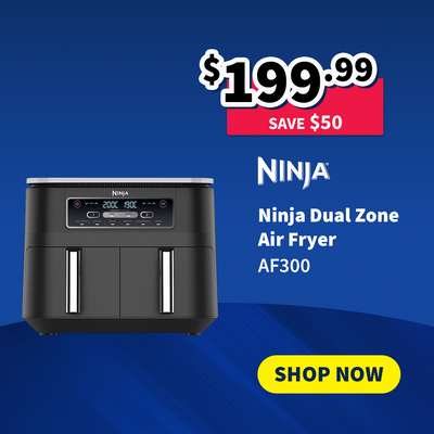 Ninja Dual Zone Air Fryer AF300 with price and 'Shop Now' button on a blue background - on sale now $199.99 - Save $50